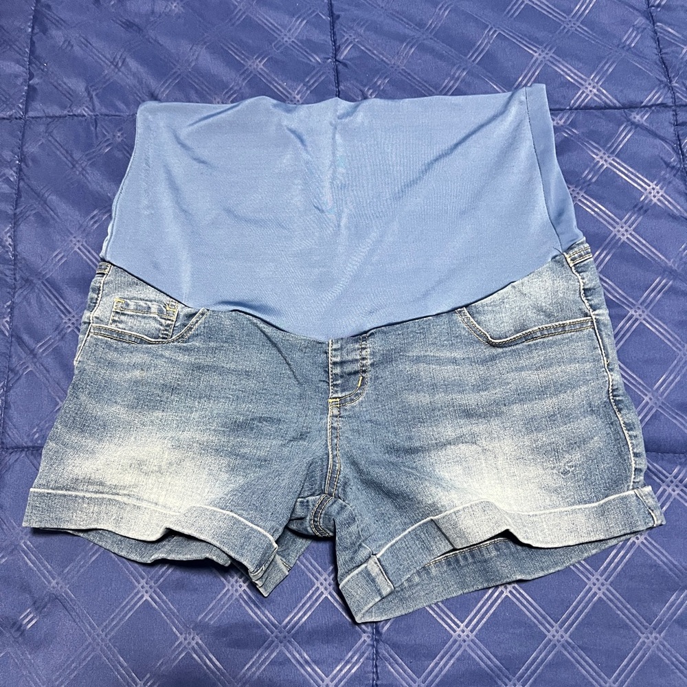Maternity Blue Denim Jean Shorts with Stretch Waistband